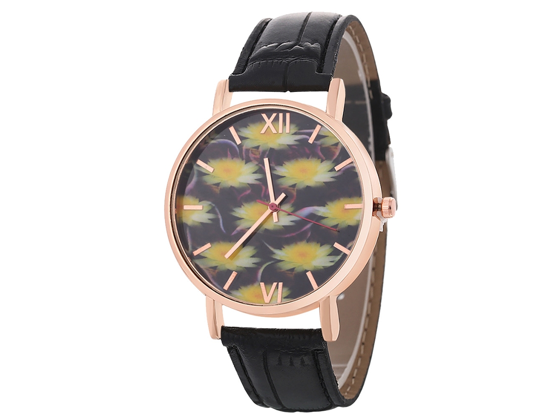 Reloj De Piel Acero Redondo Analógico Quartzo Para Mujer Y Hombre Negro