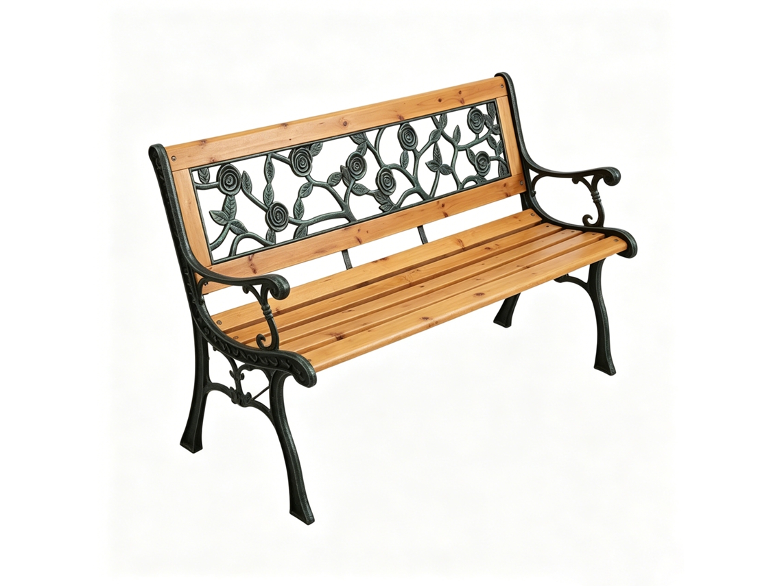 Banco De Jardín De Madera Y Metal Con Respaldo Floral Decorativo