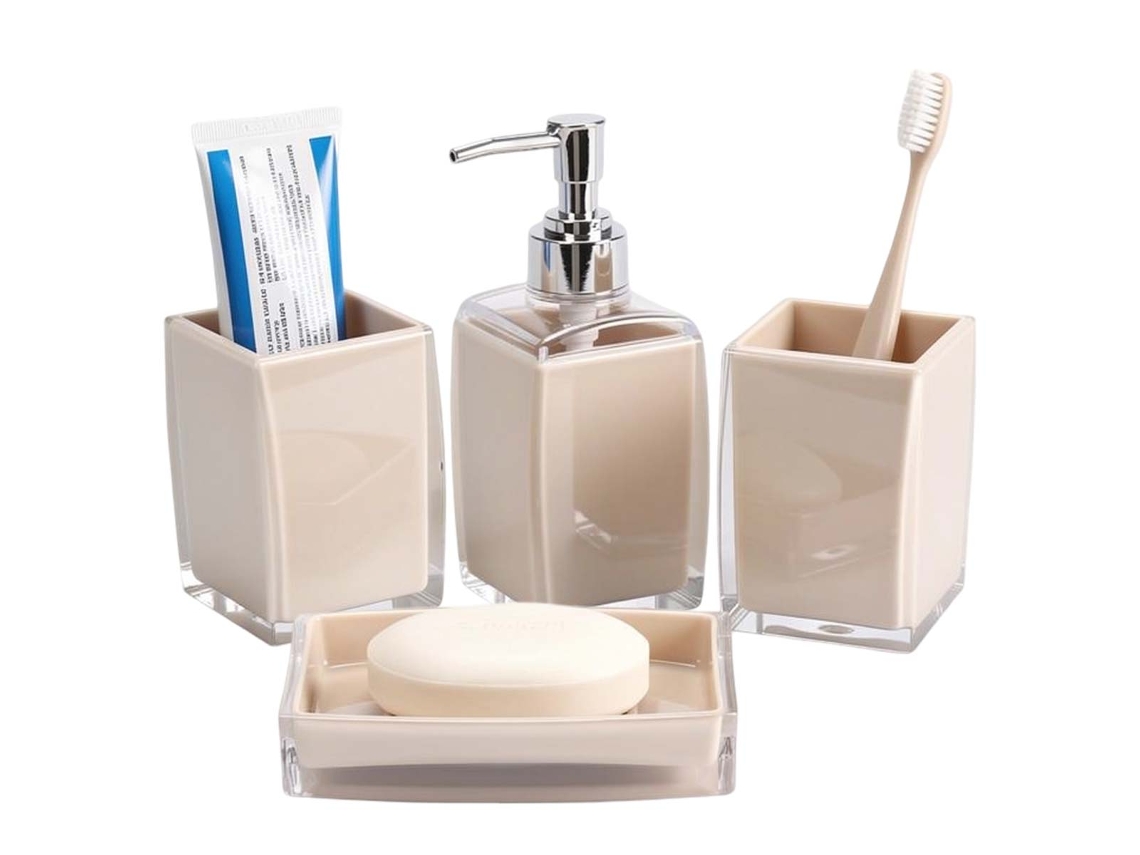 Juego de accesorios de baño Avizar de 4 piezas: dispensador de jabón, vaso y jabonera beige
