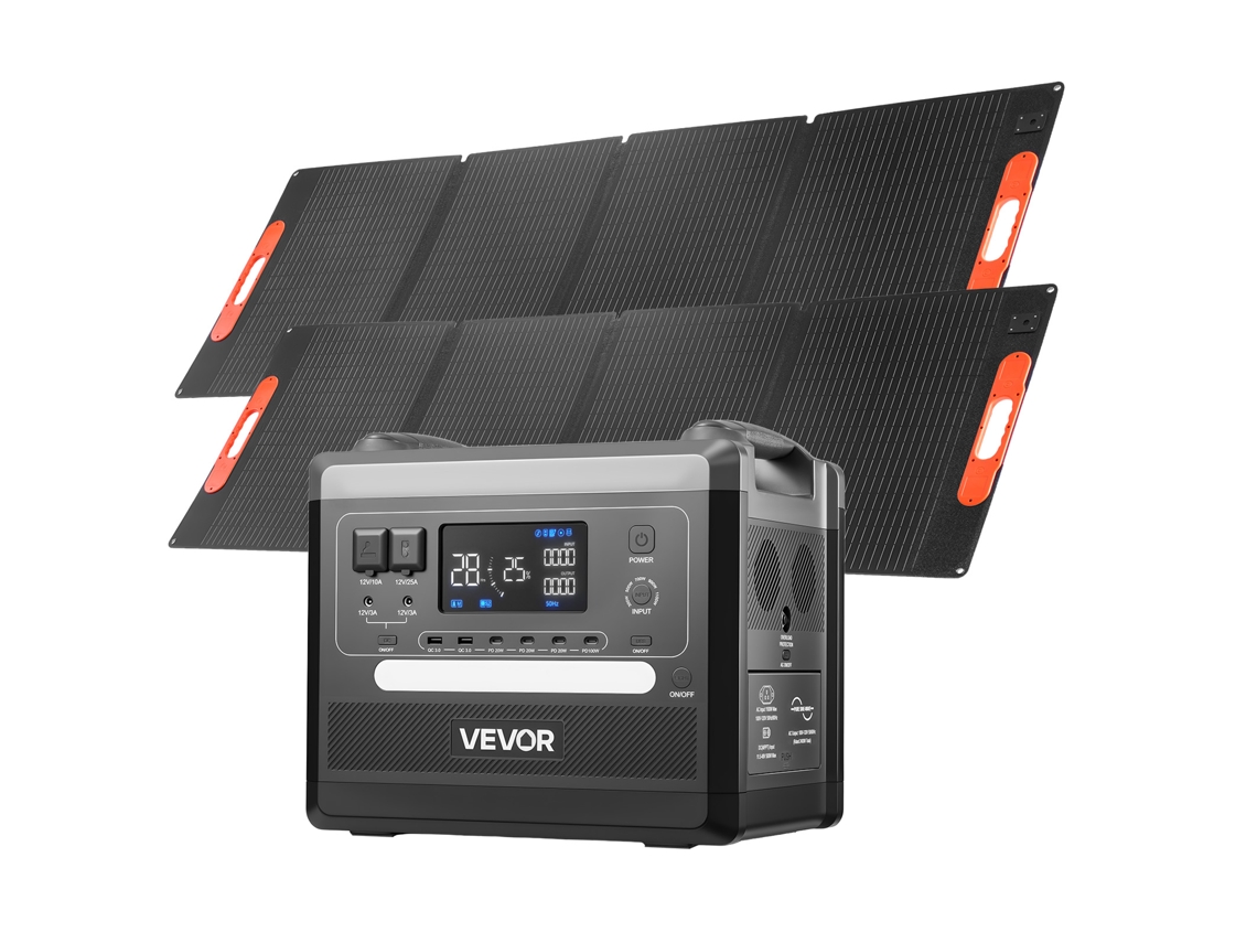 Estación de energía portátil VEVOR con 2160 Wh y 2400 W de capacidad, alimentada por dos paneles solares de 200 W.
