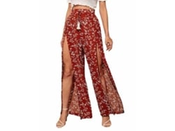2026-24143-pantalones Largos Boho De Flores Con Split, Cintura Elástica Y Lazada Frontal De Campana Ancha L Borgoña