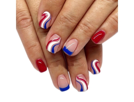 Puntas de uñas estilo oscuro con detalles de rayas rojas, azules y blancas - Modelo JF0571 (con gel gelatinoso)
