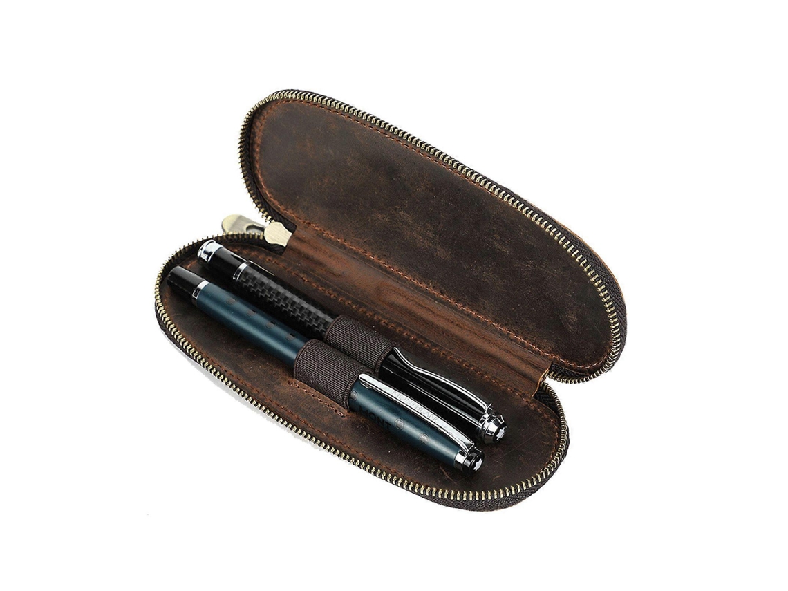 Estuche de cuero de lujo con dos compartimentos con cremallera para bolígrafos y lápices.