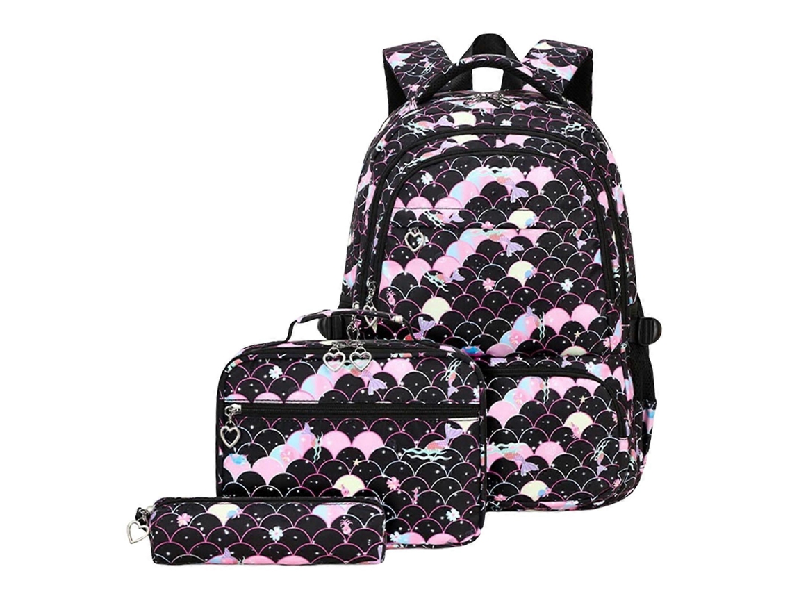 Elegante conjunto de mochila escolar de 3 piezas con lonchera, estuche para lápices, mochila grande de viaje, bolsa para libros de estudiante, color negro.