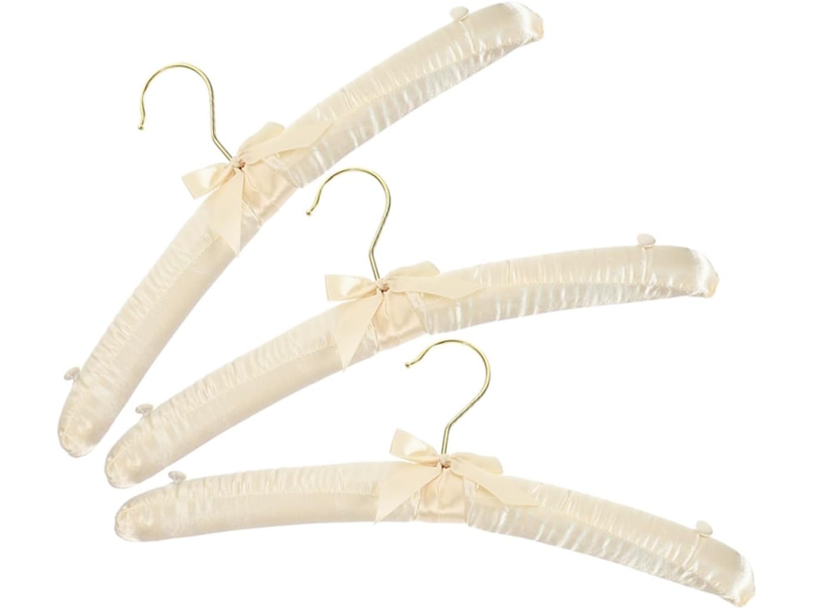 Perchas Acolchadas Satén Vestidos Novia Juego 3 Ganchos Dorados Botones Cosidos Decoración Bodas Lazo