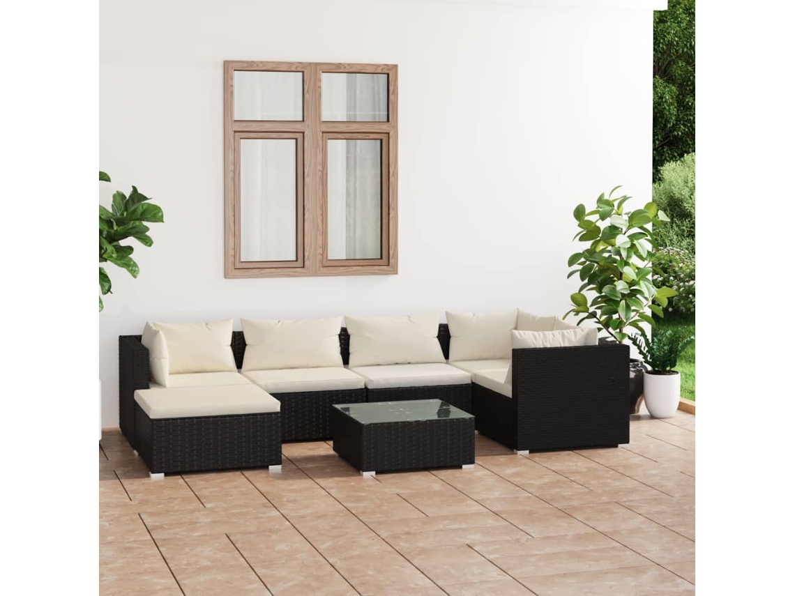 Conjunto de jardín de 7 piezas con cojines, mimbre sintético negro, DKD Home Decor