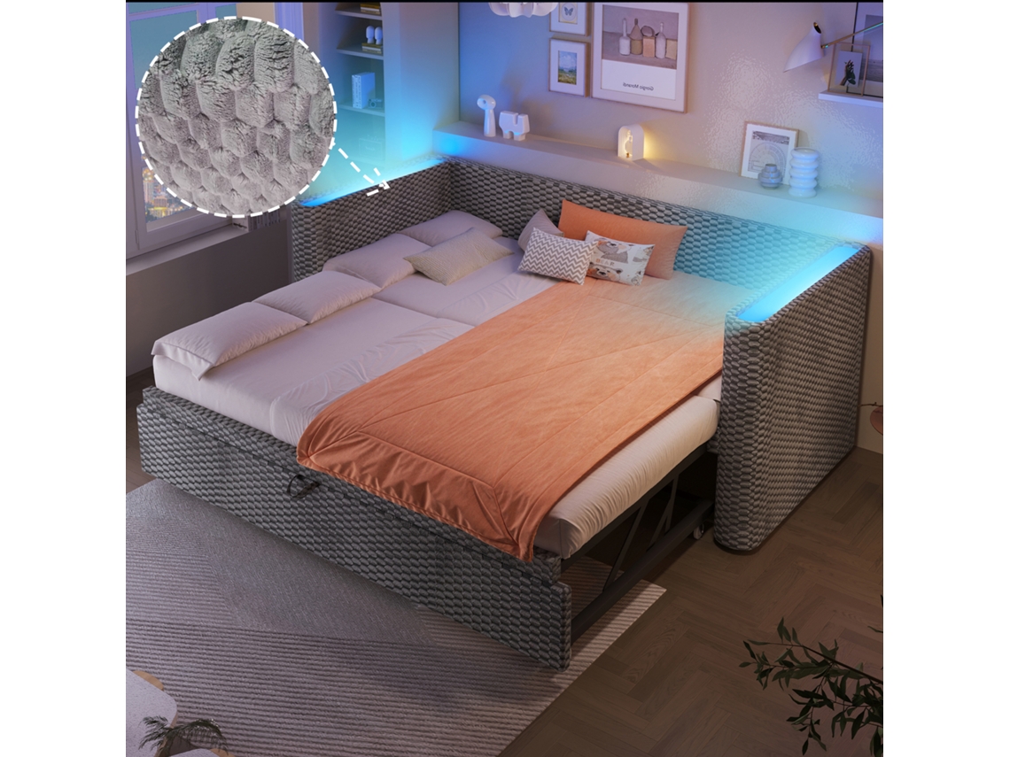 Sofá Cama Extensible De 90/180x200 Cm, Con Iluminación Led, Somier De Láminas Y Tapicería De Terciopelo Gris. Colchón No Incluido.