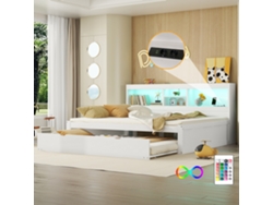 Sofá-cama, 140*200cm, Com Luzes Led, Compartimento De Arrumação Ao Lado Da Cama, Cama Extensível, Tomada Elétrica + Usb, Sem Colchão, Branco