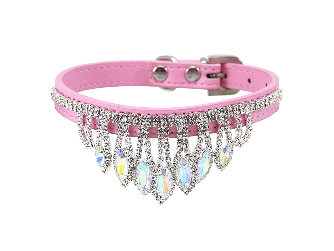 Colar Ajustável E Flexível Para Gatos Em Forma De Diamante, De Pele Sintética, Com Pingente De Diamante Rosa S*