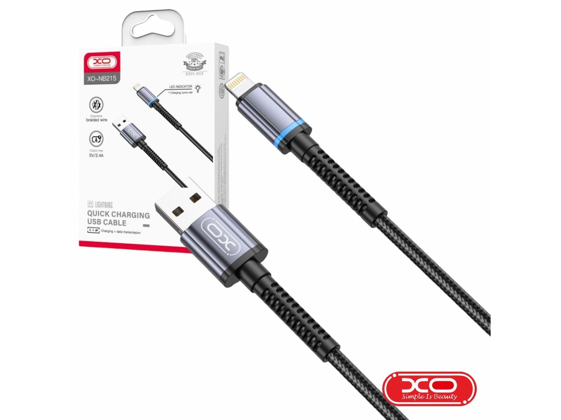 Cable USB A 2.0 macho / Lightning 2.4a con LED negro 1m Xo