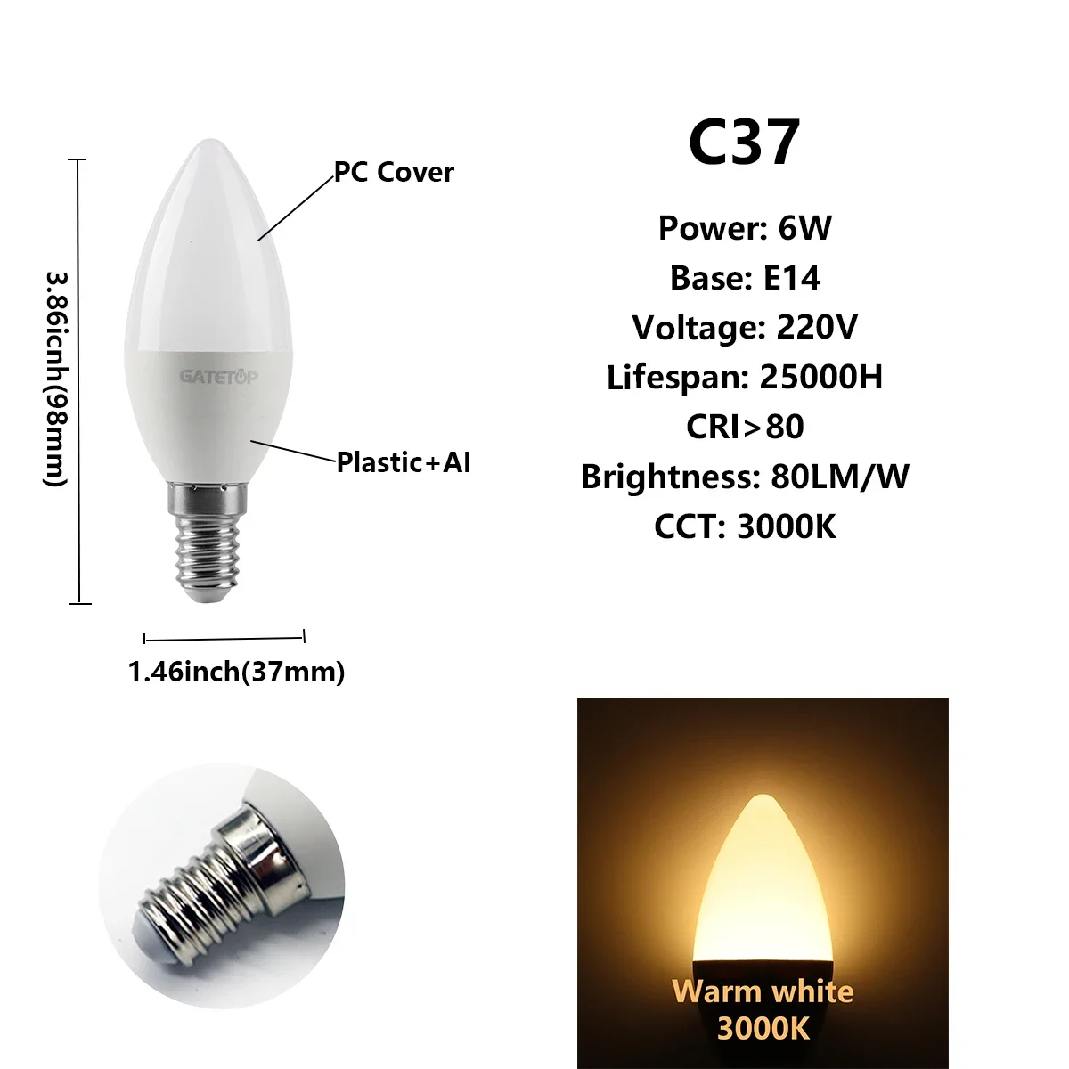 (c37 6w E14 3000k) Paquete De 10 Bombillas Led, Adecuadas Para La Decoración Del Hogar, El Estudio Y El Baño.