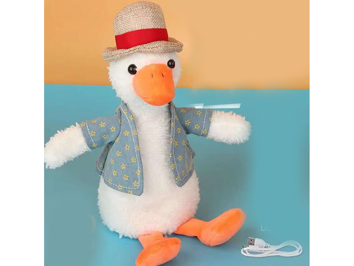 Pato de juguete parlante, repetidor de canciones con música y flauta dulce que baila.