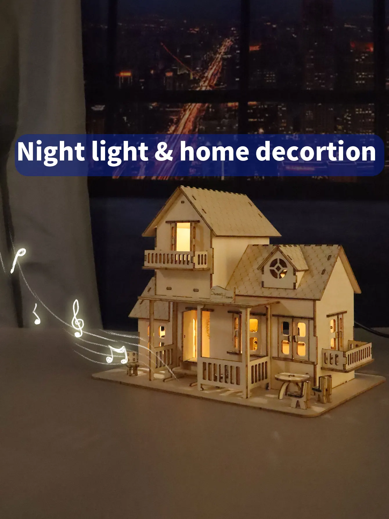 Kit De Modelo De Caja De Música Sweet Home Con Rompecabezas De Madera 3d Y Luz Nocturna Led.