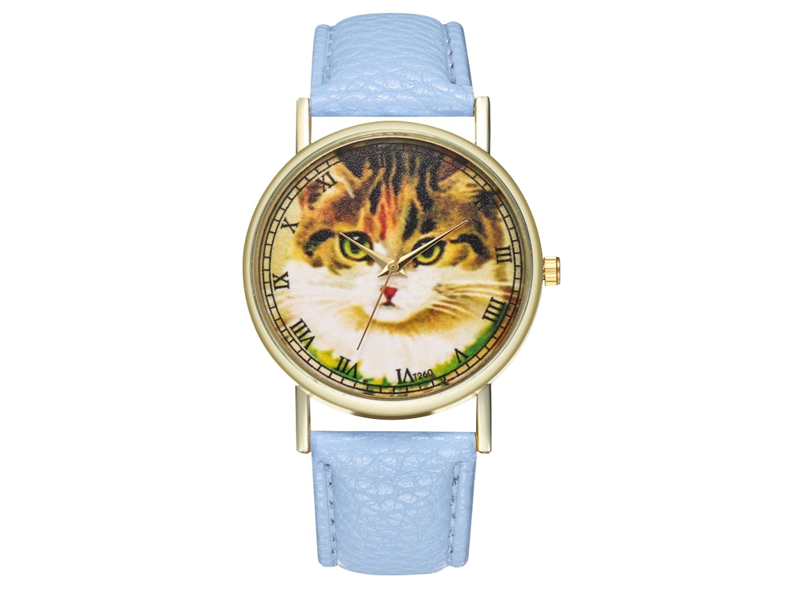Reloj De Cuero Pu Unisex Con Diseño De Gato Dial Redondo Reloj De Cuarzo Azul Claro