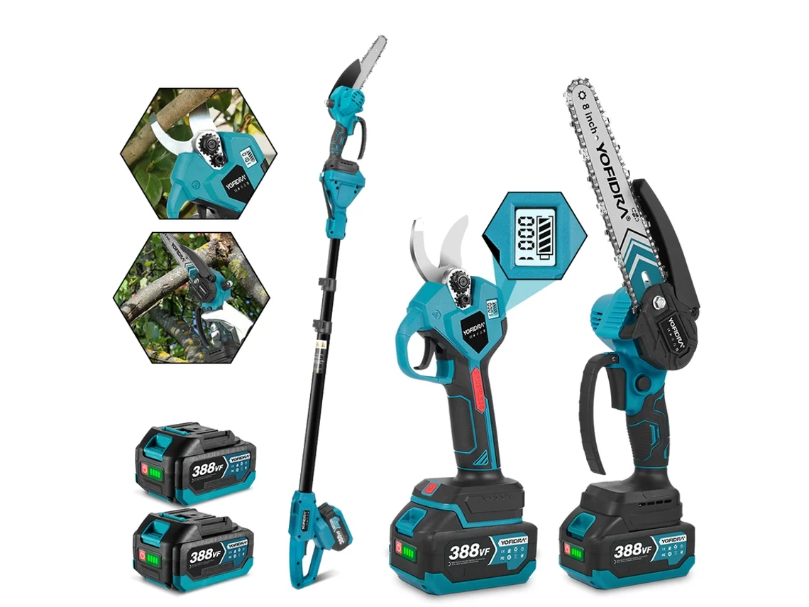 Tijeras de podar eléctricas y motosierra telescópica, pértiga de 1,7 m, motosierra sin escobillas de 8 pulgadas, tijeras eléctricas de 28 mm, 2 baterías Yofidra