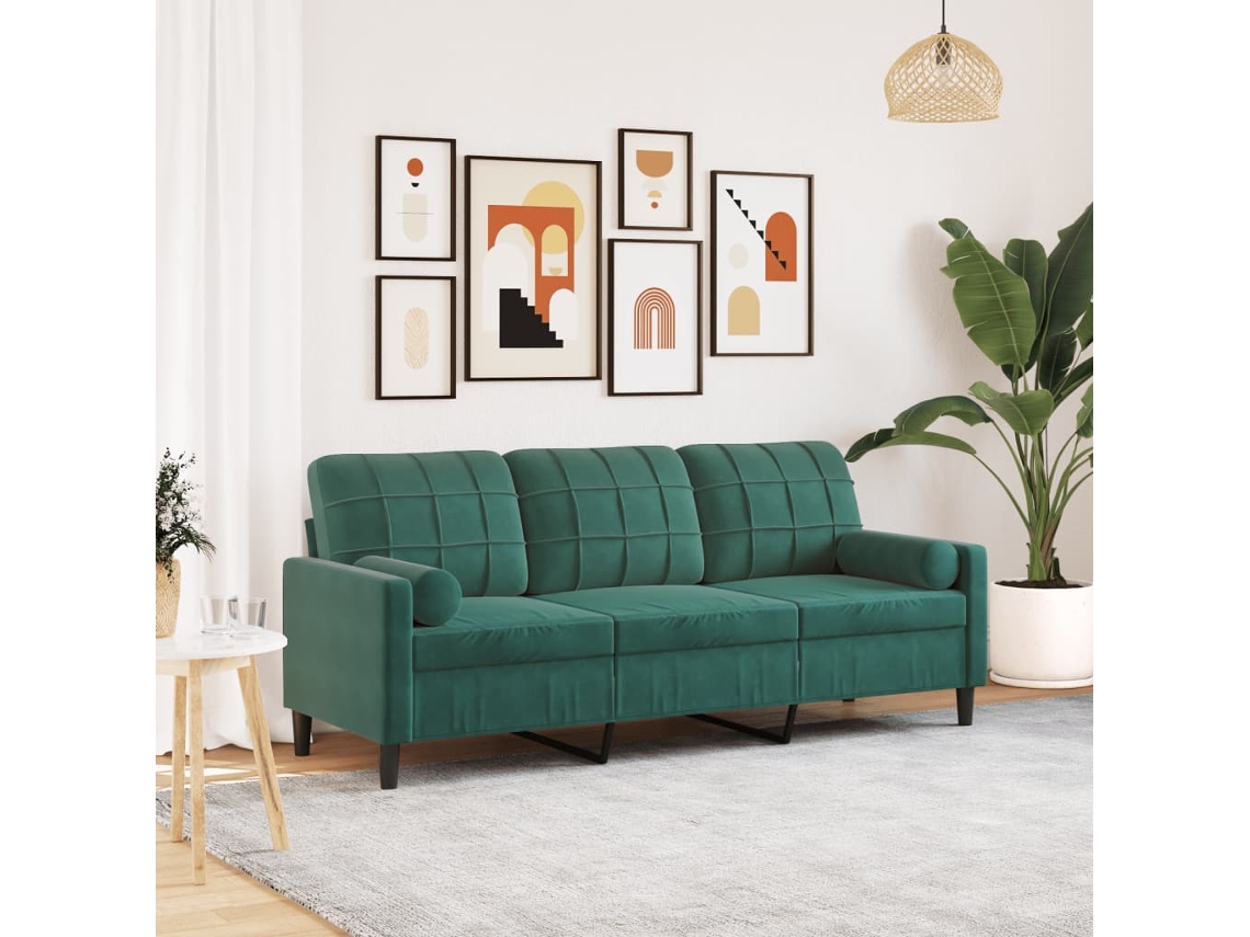 Sofá De 3 Plazas Con Cojines Terciopelo Verde Oscuro 180 Cm