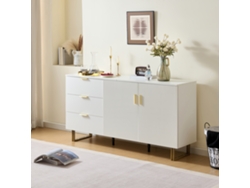 Aparador Moderno 160 Cm – 2 Puertas, 3 Cajones, Mdf, Detalles Aluminio Dorado, Patas Acero – Blanco