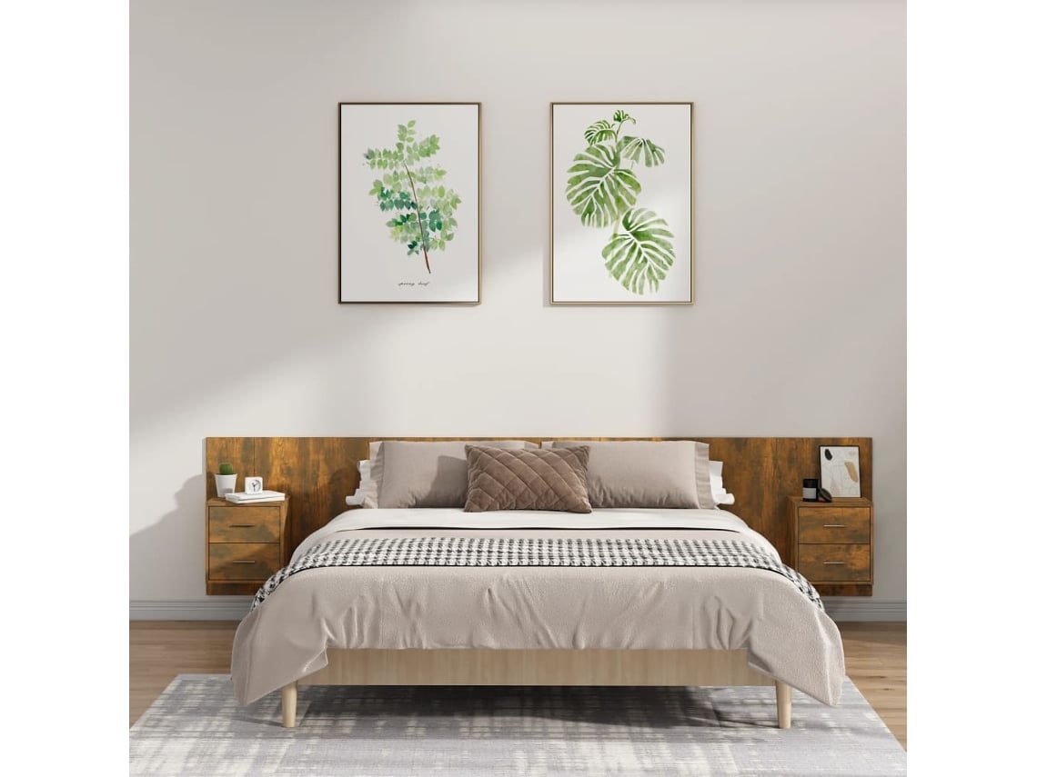 Cabecero De Cama Y Mesitas Madera Contrachapada Roble Ahumado