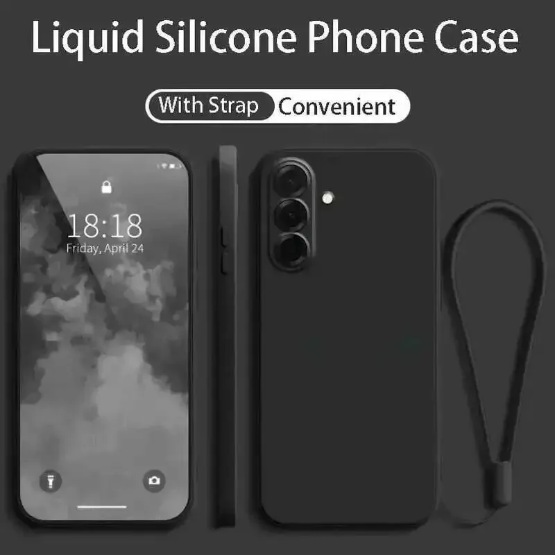 (black Galaxy S25) Funda De Silicona Líquida Para Teléfono Samsung Con Correa Para La Muñeca Y Cordón.