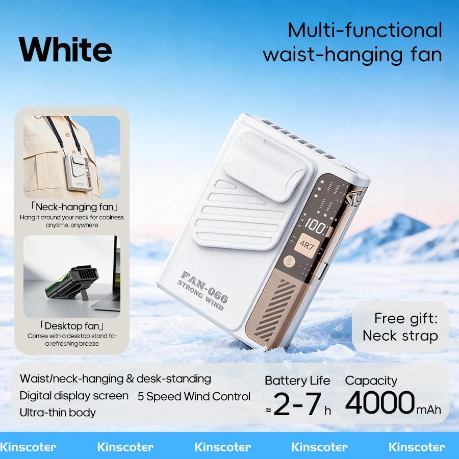 Ventilador Multifuncional De Cintura (blanco), Con Batería De 4000 Mah, Cinco Velocidades Y Pantalla Digital.