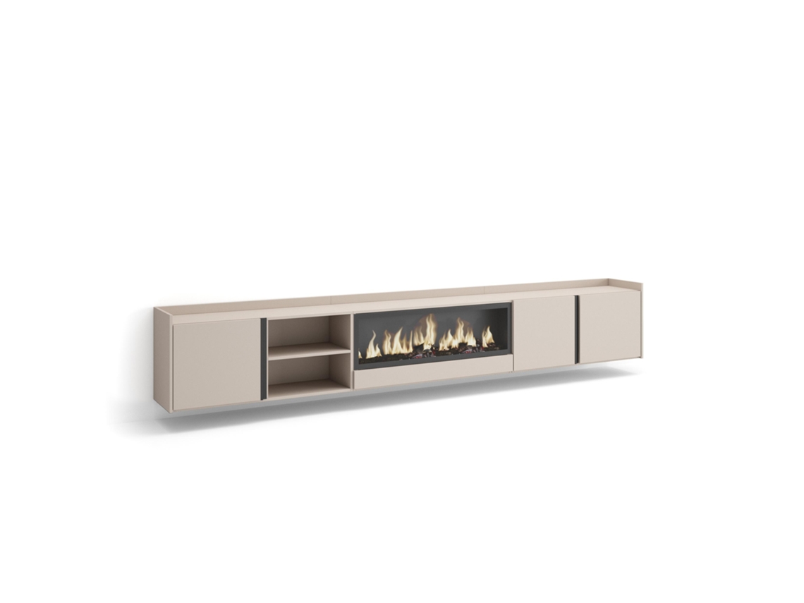 Mueble Tv, Televisión, 315x35x50cm, Para Tv Hasta 80", Chimenea Eléctrica Xxl, Colgado, Suspendido, Beige