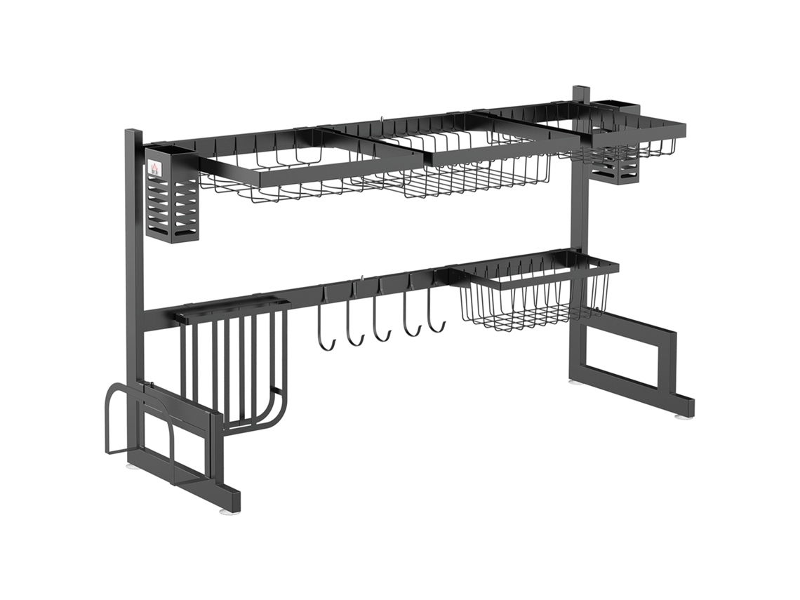 Escurridor De Platos De 2 Niveles Con Soporte Para Cuchillos Y Tabla De Cortar, 93 X 30 X 52,5 Cm, Acero Negro.