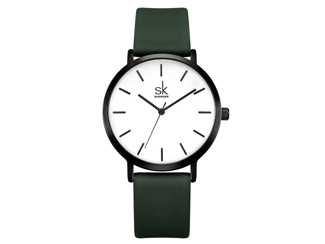 Reloj De Pulsera De Cuarzo Sencillo Para Mujer Con Correa De Piel Sintética Negra Y Verde.