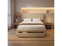 Cama De Matrimonio 160x200 Con 1 Cajón Y Puerto Usb, Cama Acolchada Con Cabecero, Marco Metálico Y Baúl, Terciopelo Teddy, Sin Colchón