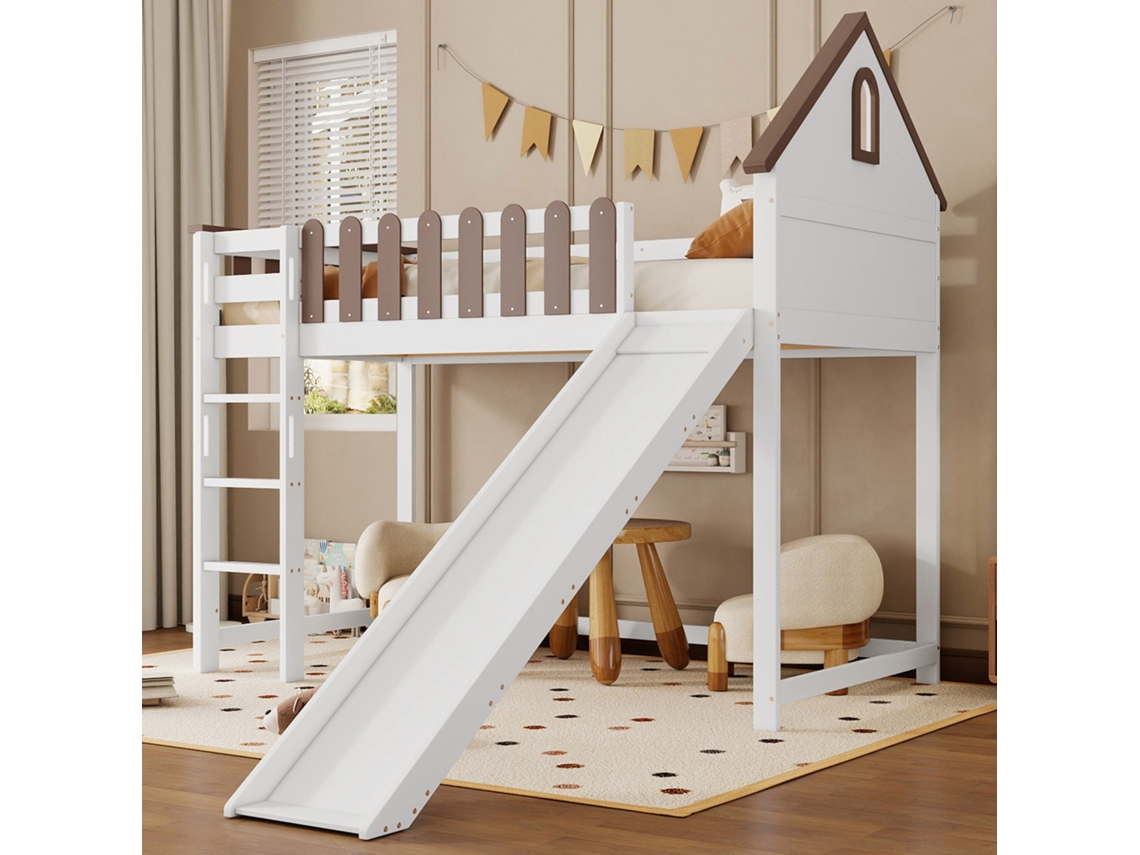 Cama Alta Infantil De 90x200 Cm, Con Techo Y Ventanas, Escalera Recta De 3 Peldaños, Cama Con Tobogán, Madera De Pino + Mdf, Nogal Blanco.