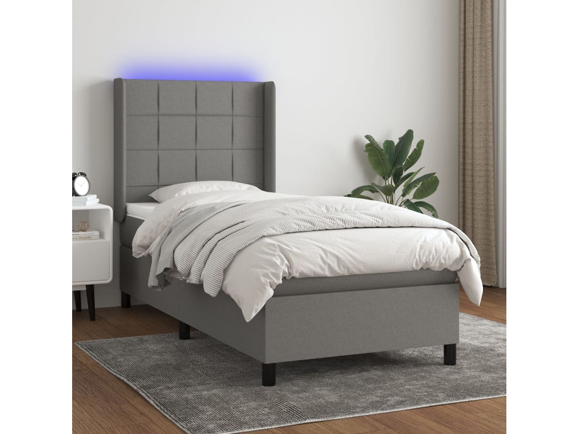 Cama Box Spring Colchón Y Luces Led Tela Gris Oscuro 90x200 Cm
