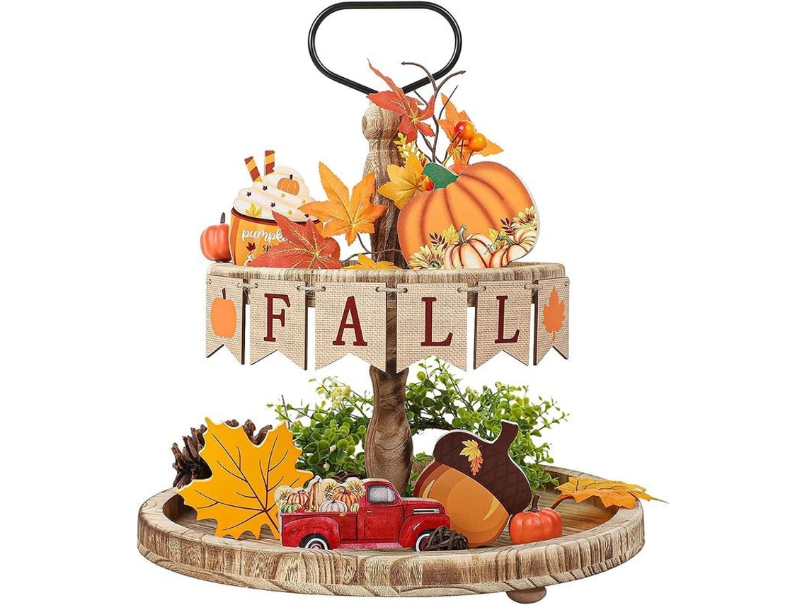 Rebe-6 Decoraciones de otoño para bandejas de varios niveles, adornos de madera para mesa para Halloween y Acción de Gracias.