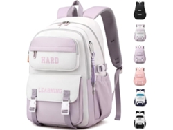 Mochila Escolar Leve Impermeavel Para Raparigas E Rapazes, Escola Secundaria, Branco Roxo