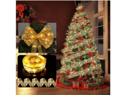 Grinalda Luz Led Fita Decorativa Cetim Decoração Árvore Natal, 5 Metros 50 Luzes, Três Compartimentos Pilhas Flash, Fita Dourada Luz Quente