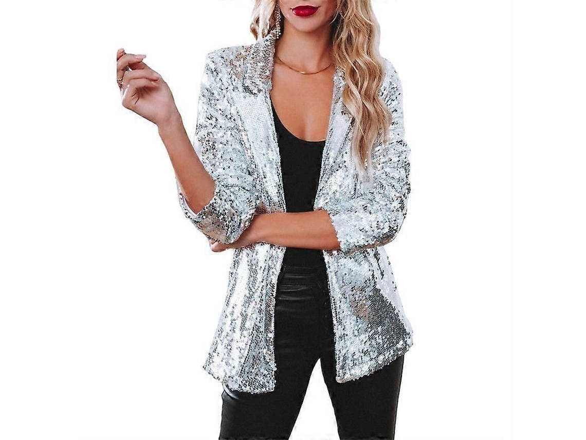 Chaqueta De Paillettes Para Mujer Blazer Brillo Manga Larga Casual Msilver M Plata