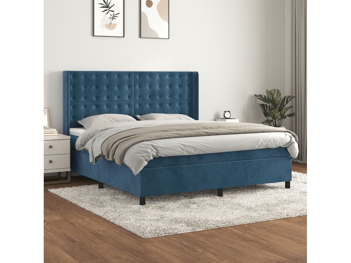 Cama Box Spring Con Colchón Terciopelo Azul Oscuro 160x200 Cm