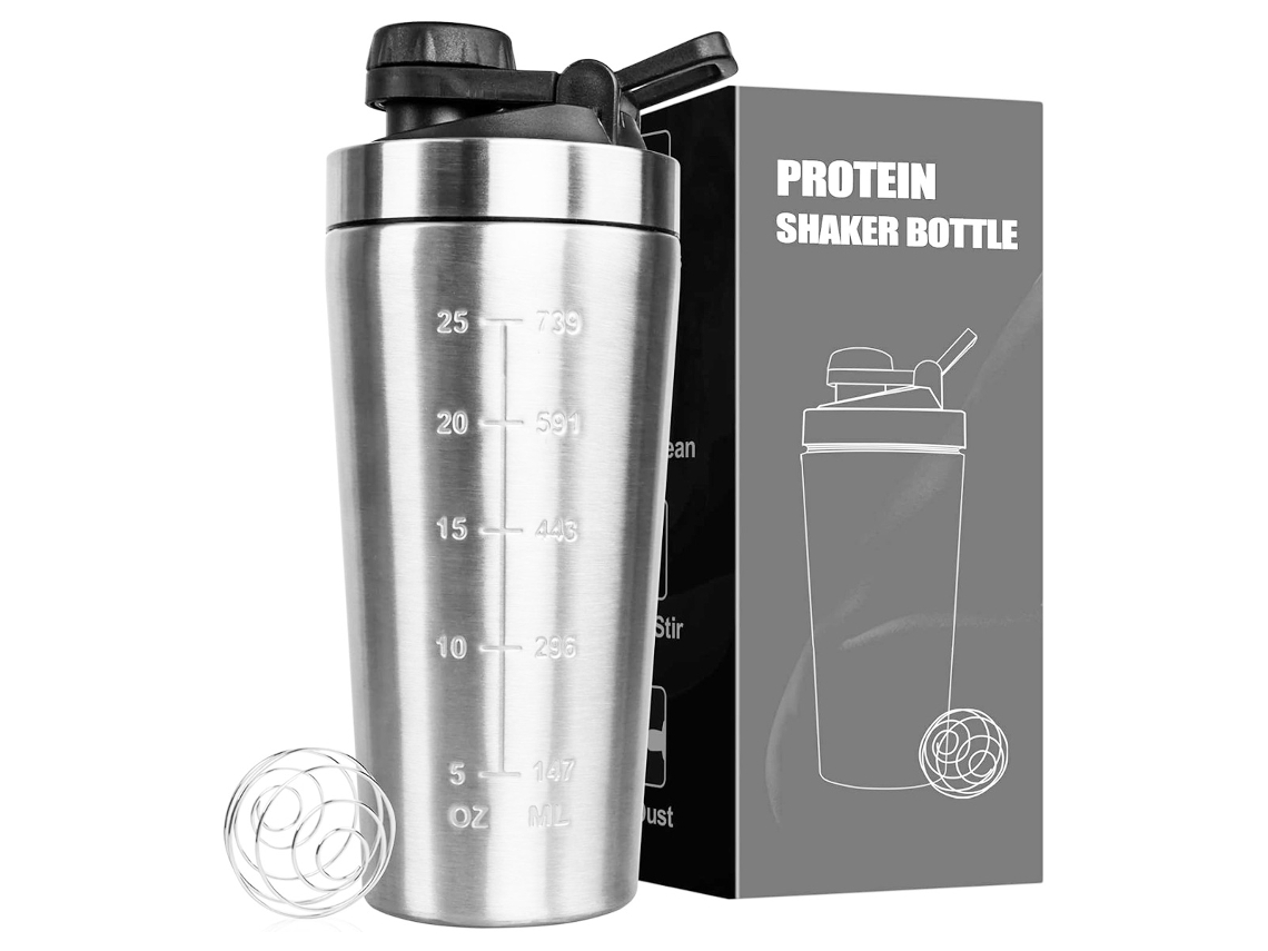 Batidora de proteínas de acero inoxidable de 900 ml con balón para deportes y culturismo