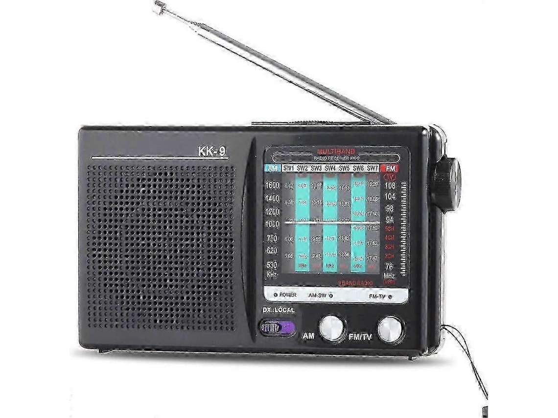 Radio portátil AM/FM GOKOCO con pantalla LCD, auriculares y tamaño compacto para personas mayores.