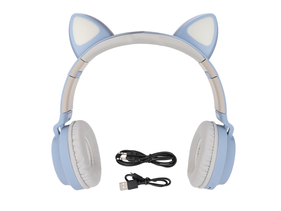 Auriculares Para Juegos Con Orejas De Gato, Graves Profundos, Luz Led, Bluetooth 5.0, Azul/gris