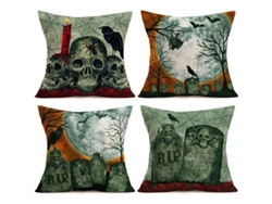 2026-45024-fundas De Cojín Vintage De Halloween Linjou Pack De 4 45x45cm Calavera Telaraña Murciélago