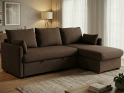 Sofá Cama 3 Plazas BUDWING Orlando Marrón + Chaise c/ Almacenamiento Integrado (221 x 162 x 85 cm - Reversible Lado Derecho/Izquierdo)