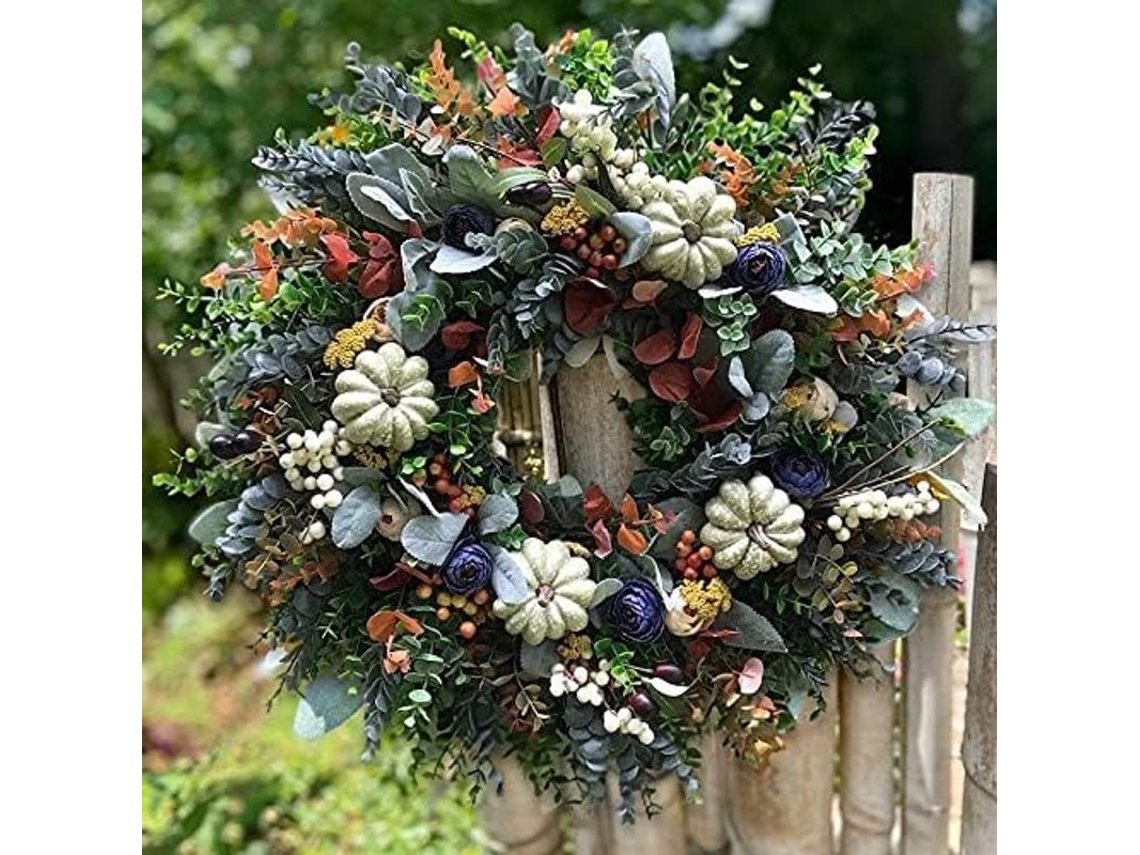 Corona De Calabaza Blanca Y Ranúnculos Para Puerta Principal, 45 Cm, Decorativa, Hecha A Mano, Ideal Para Otoño.
