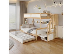 Litera Infantil De Pino De 90x200 Cm, 3 Posiciones, Cama Auxiliar, Armario, Color Natural.