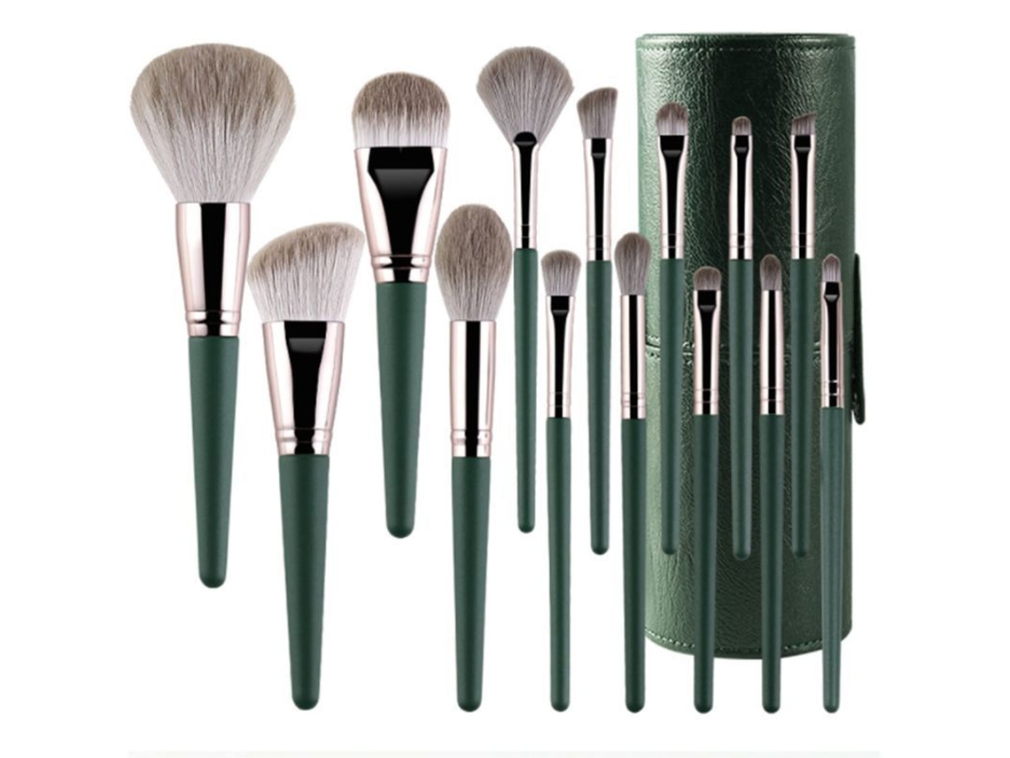 Set De Brochas De Maquillaje Profesionales (14 Piezas) Con Estuche Elegante, Cerdas Sintéticas Y Mango De Madera Para Rubor Y Base De Maquillaje.