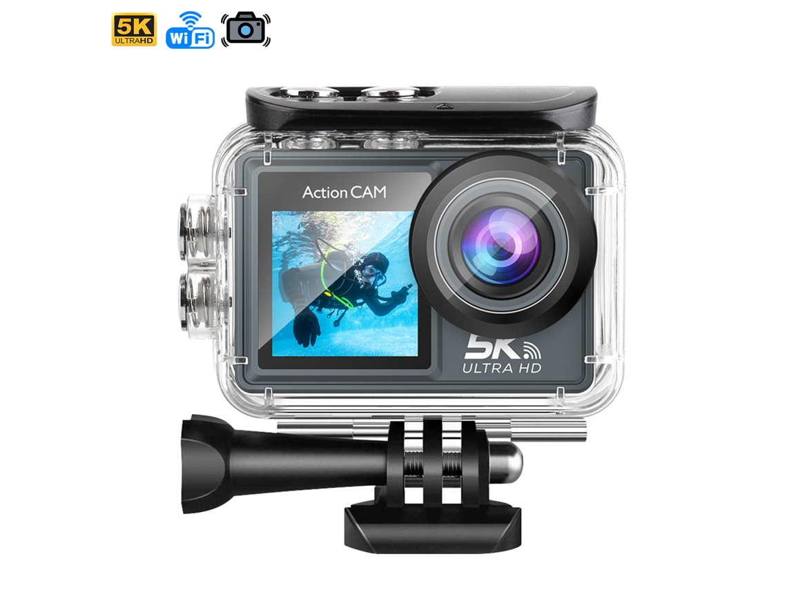 Cámara deportiva M40r 5k 30fps con 47.5 MP, pantalla dual de 2'' y 1.3'', estabilizador de imagen, varios accesorios y Wi-Fi.