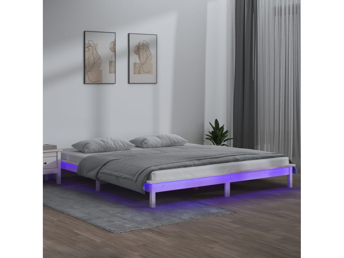 Estructura Cama Led Sin Colchón Madera Maciza Blanco 140x190 Cm