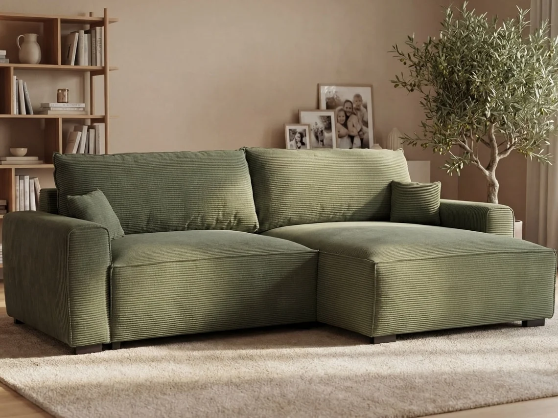 Sofá Cama 3 Plazas BUDWING Lauren Verde Bosque + Chaise c/ Almacenamiento Integrado (269 x 158 x 96 cm - Reversible Lado Derecho/Izquierdo)