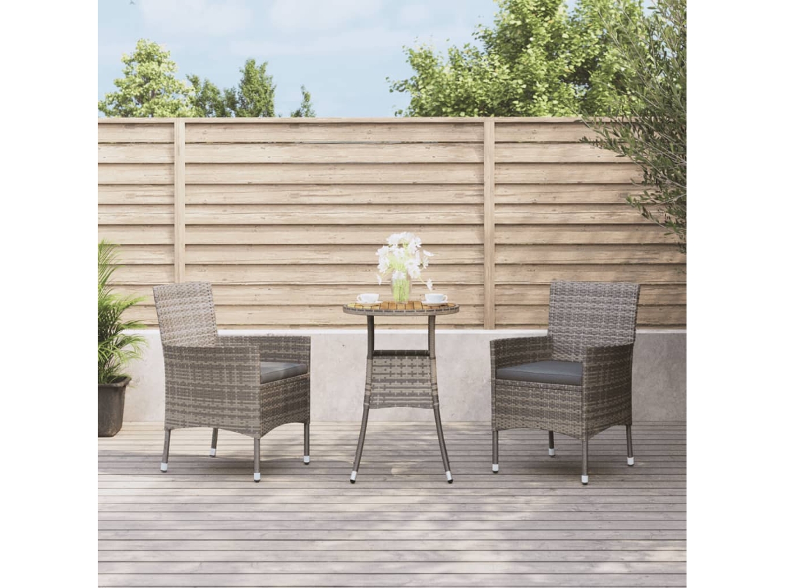 Conjunto 3 Peças Bistro De Jardin C/ Almofadas Vime Pe Cinza Dkd Home Decor