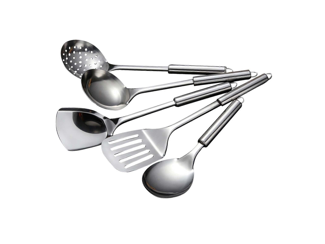 Juego de 5 utensilios de cocina de acero inoxidable resistentes al calor con mangos ergonómicos, en caja de regalo negra.
