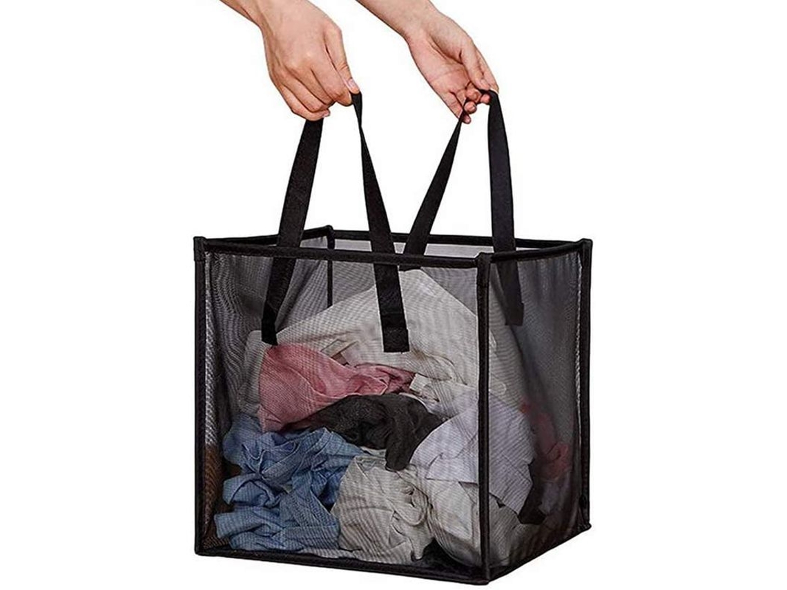 Cesto De Ropa Plegable De Malla Con Asas - Gran Capacidad De Almacenamiento (negro)