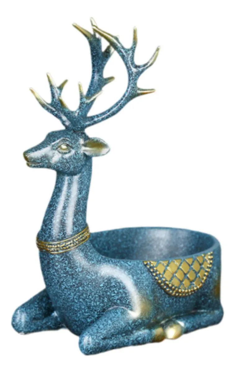 Estatua de ciervo, escultura de animal, bandeja azul para sentarse